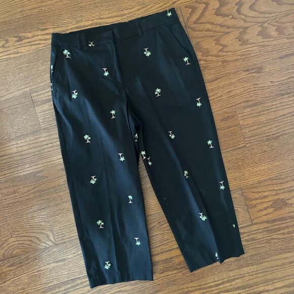 Palm Tree Embroidered Capri Black Pants Vacation Resortwear Size 12 - Picture 2 of 8